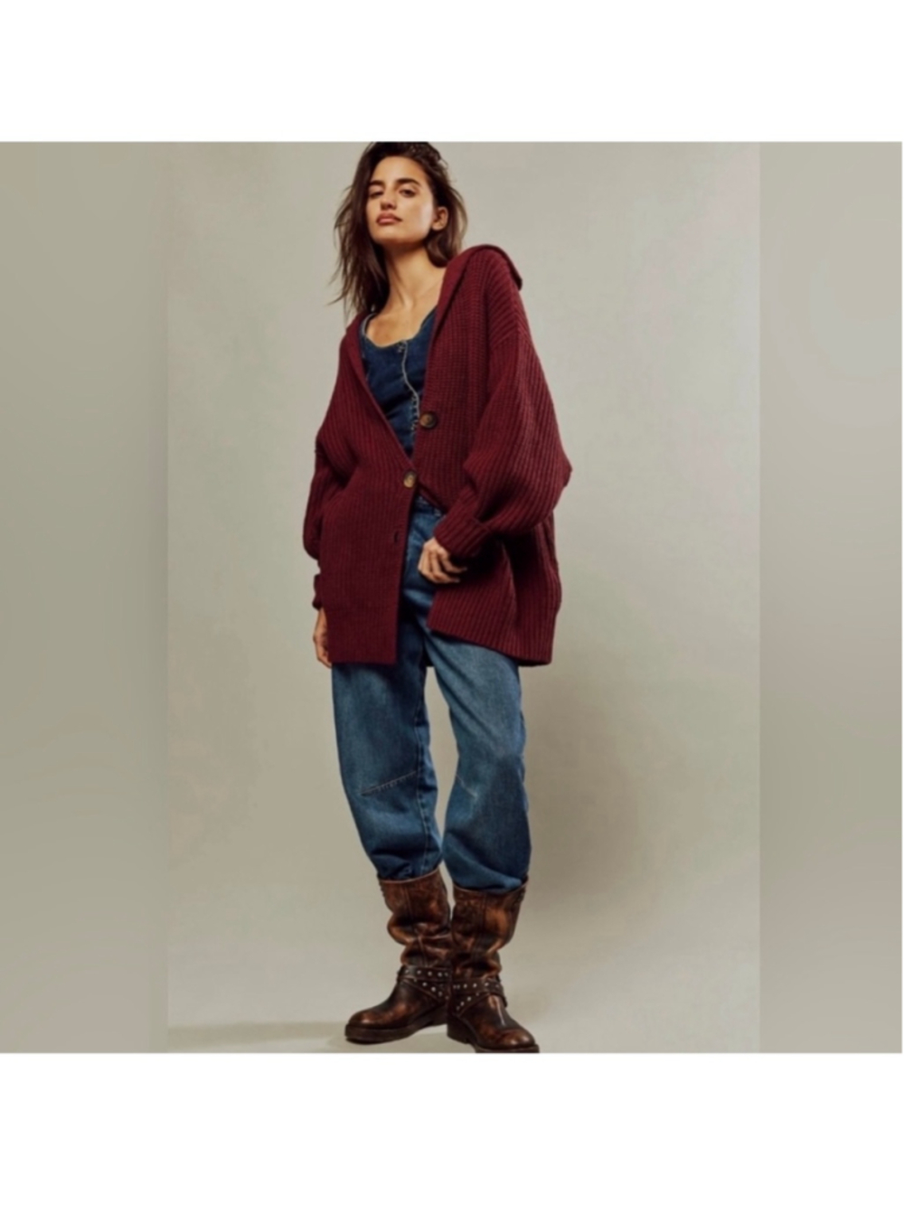 NWT Women's Free People Swim Too Deep Cardigan Sweater Size L Burgundy Maroon